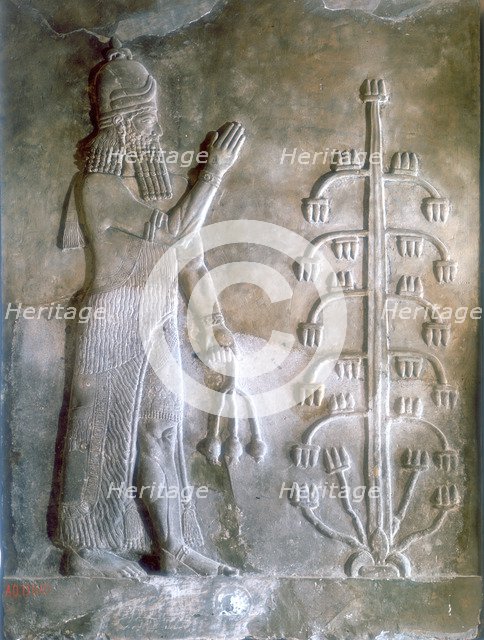 Stone relief of Sargon I standing before a tree of life, 24th-23rd century BC. Artist: Anon