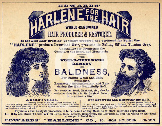 Edwards Harlene hair dressing, 1890s. Artist: Unknown