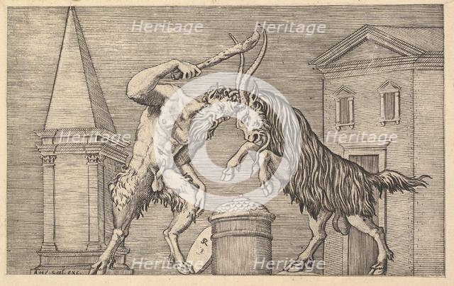Speculum Romanae Magnificentiae: A Satyr and a Ram Clashing, 16th century. Creator: Marco Dente.