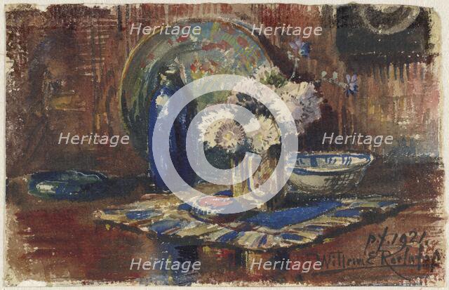 Still life with blue bottle and vase of flowers, 1921. Creator: Willem Elisa Roelofs.