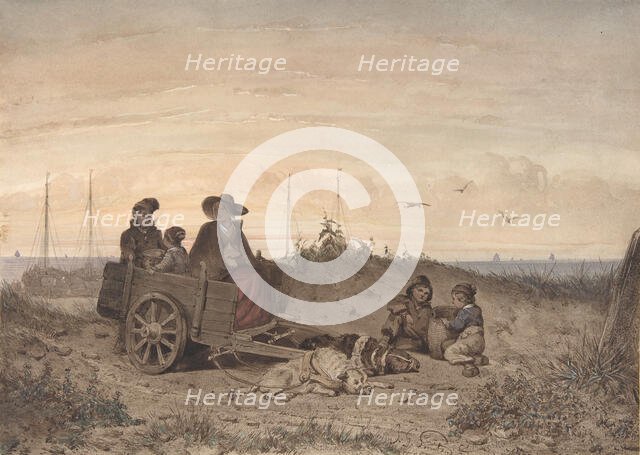 A Fisherman's Family at the Beach, the Mother and One of the Children Sitting in a Cart, 1855. Creator: Jan Gerard Smits.