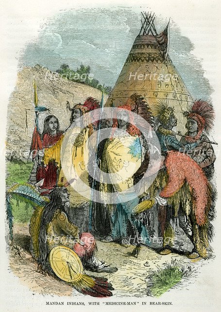 'Mandan Indians, with Medicine Man in Bear Skin', c1875. Artist: Unknown