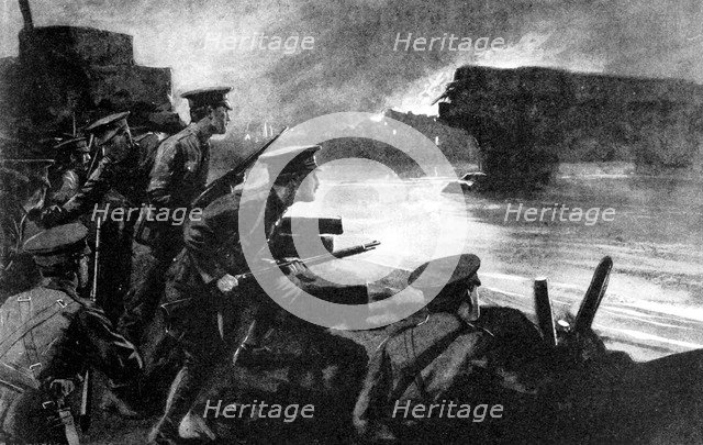 British troops on riverbank prepared for German advance, Belgium, First World War, 1914. Artist: Unknown