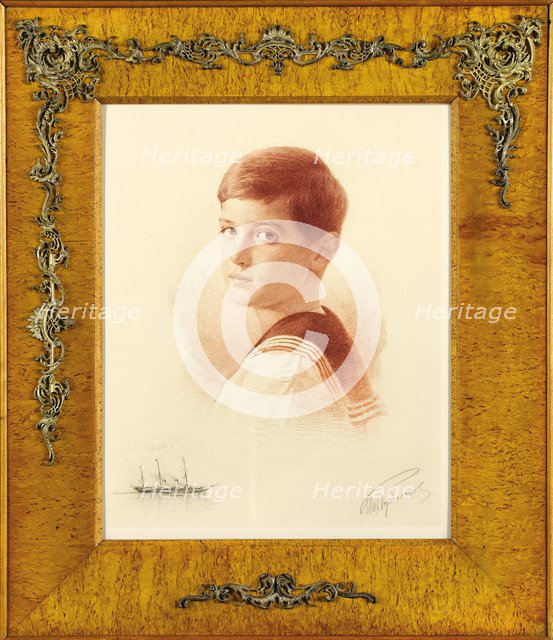 Portrait of the Successor to the throne Tsarevich Alexei Nikolaevich of Russia with a remarque depiction of the Imperial Yacht , 1913. Artist: Rundaltsov, Mikhail Viktorovich (1871-1935)