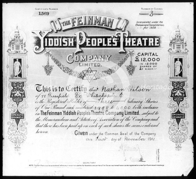 Yiddish People's Theatre share certificate, 1 November 1911. Artist: Unknown