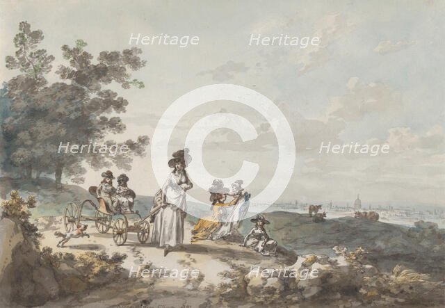 View of London with St. Paul’s in the Distance: Woman and Children with a Baby Carriage, 1787. Creator: Julius Caesar Ibbetson.