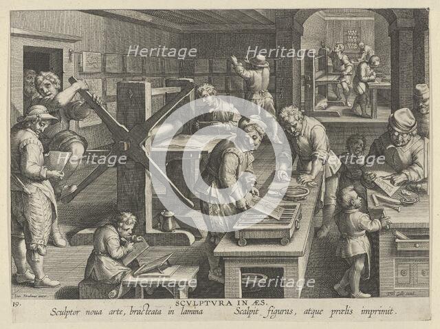 New Inventions of Modern Times [Nova Reperta], The Invention of Copper Engraving, plat..., ca. 1600. Creator: Jan Collaert I.