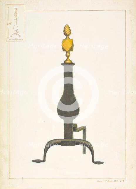 Cast Iron and Brass Andiron, c. 1938. Creator: Vincent P. Rosel.