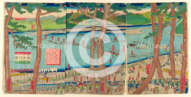 Procession of Minamoto no Yoritomo across the Oi River (Minamoto Yoritomo ko Oikawa..., 1863. Creator: Sadahide Utagawa.