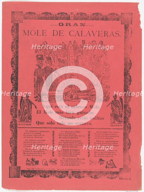 The grand skeleton mole, skeletons eating mole and drinking in a cemetery (Posada); flanke..., 1902. Creators: José Guadalupe Posada, Manuel Manilla.