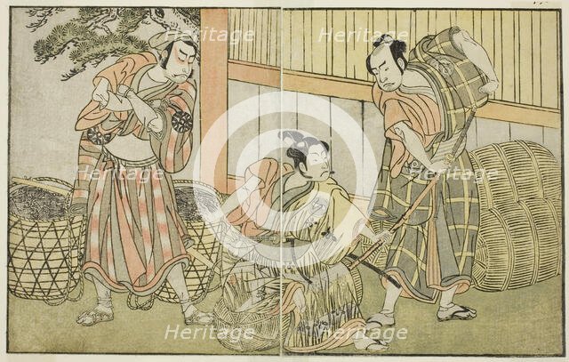 The Actors Kasaya Matakuro II as Hagun Taro (right), Ichikawa Monnosuke II as Izutsu no..., c. 1772. Creator: Shunsho.
