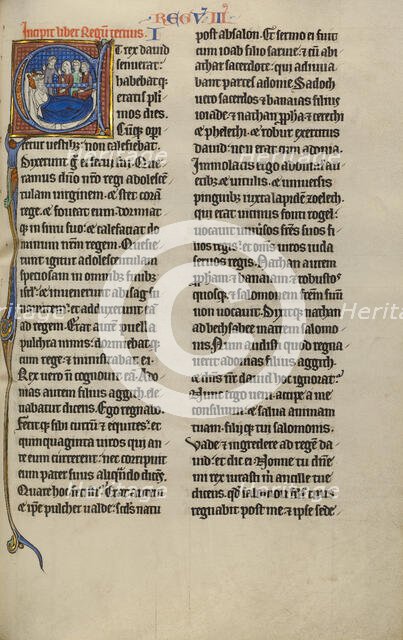 Initial E: Abishag before David on his Deathbed; Marquette Bible, about 1270. Creator: Unknown.
