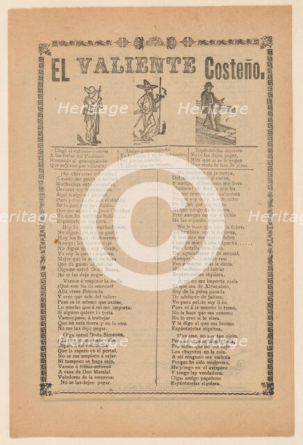 Broadside about a brave man from the west coast of Mexico, who is shown walking down a..., ca. 1899. Creator: José Guadalupe Posada.