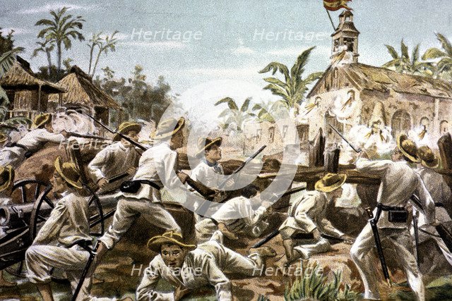 Attack of the Tagalogs to fort Baler in the Philippines, defended by Spanish troops in June 1899,…