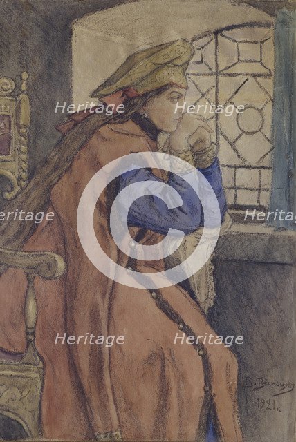 Tsarevna at the window (The Princess Who Never Smiled), 1920. Artist: Vasnetsov, Viktor Mikhaylovich (1848-1926)