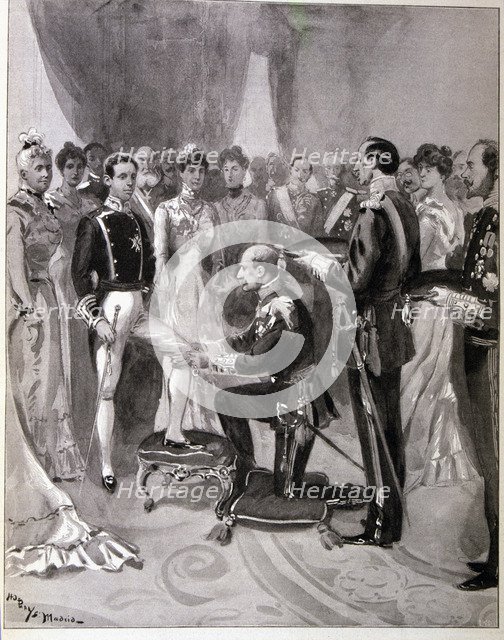 Receiving the Order of the Garter from the hands of the Duke of Connaught', Alfonso XIII, King of…