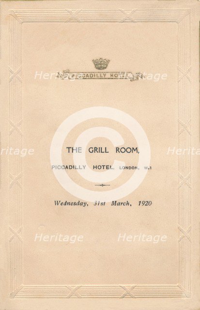 A menu for The Grill Room of the Piccadilly Hotel, London, 1920. Artist: Unknown.