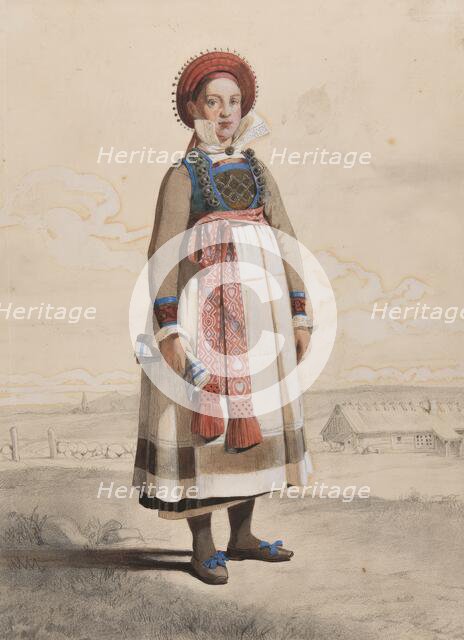 Standing woman in full figure with white apron and woven ribbons, 1810-1857.  Creator: Otto Wallgren.