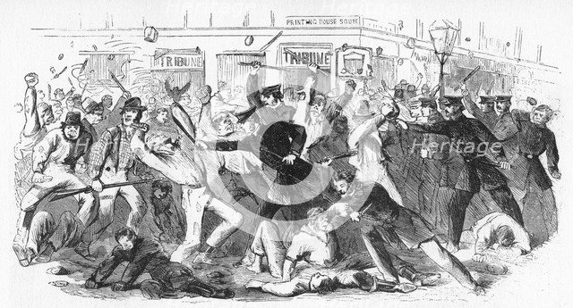 'Police Charge Rioters At The Tribune Office', c1860s. Artist: Unknown