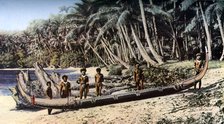 Native canoe on a palm shaded beach, Solomon Islands, c1923. Artist: York & Son