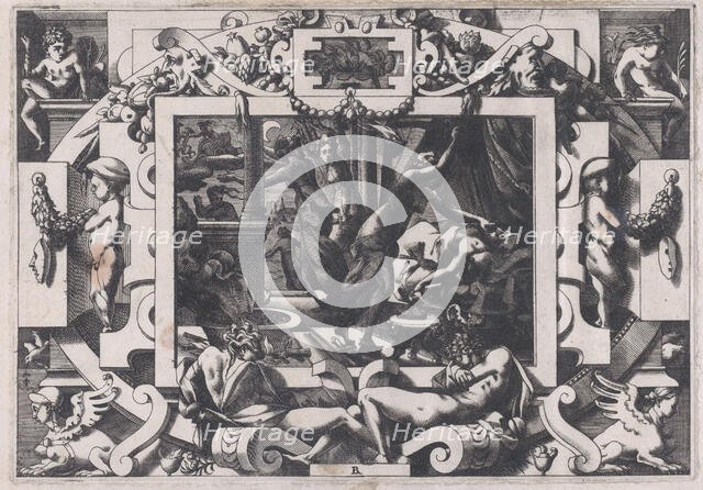 Pelias Killed by his Daughters (Dont par pitié elles prennent courage son sang vider par v..., 1563. Creator: Rene Boyvin.