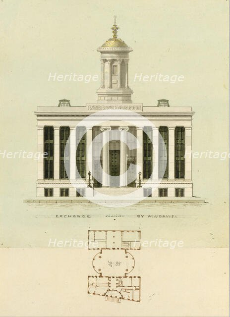 Façade Design and Old Plan for the First Merchant's Exchange, New York..., ca. 1829. Creator: Alexander Jackson Davis.