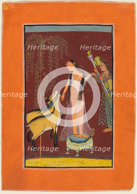 A Lady with Attendant and a Pair of Deer, probably Gujari Ragini of Dipak, from a Pahari Ragamala, 1 Creator: Unknown.