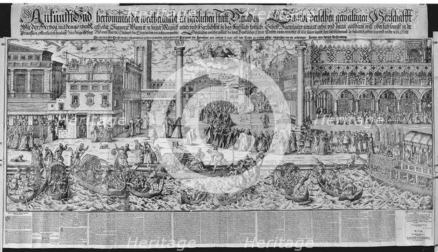 Procession of the Doge to the Bucintoro on Ascension Day, with a View of Venice, ca. 1565,..., 1697. Creator: Jost Ammon.