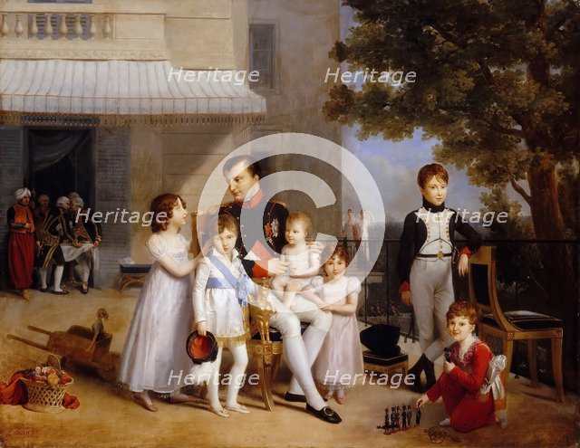 The Emperor Napoleon I on the terrace of the Château Saint-Cloud surrounded by his children. Artist: Ducis, Louis (1775-1847)