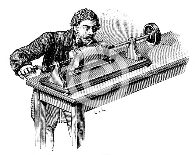 Making recording on first model of Thomas Edison's Phonograph, c1878. Artist: Unknown