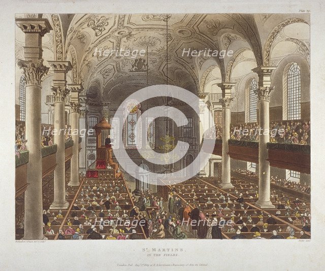 Interior of the Church of St Martin-in-the-Fields, Westminster, London, 1809. Artist: Augustus Charles Pugin