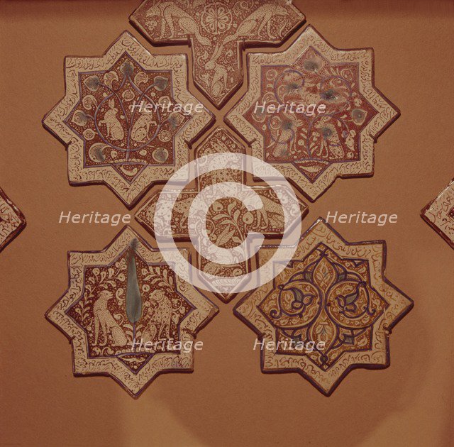 Six  Kashian Persian Tiles with Inscription from Shahnameh, 13th century. Artist: Unknown.