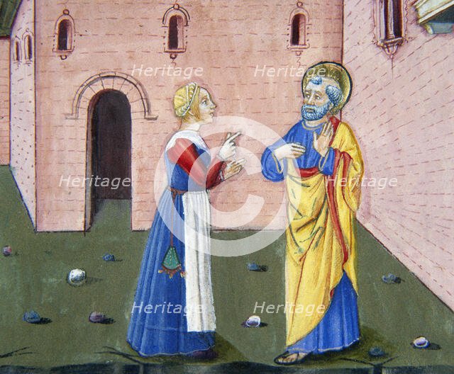 Miniature depicting Peter, discovered by a servant, denies knowing Jesus for the second time, 1476.  Creator: Cristoforo De Predis.