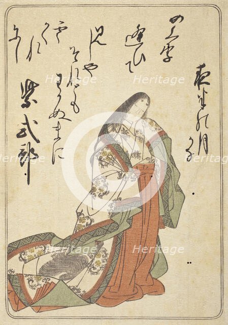 The Poetress Murasaki Shikibu with a poem about the moon at midnight (image 2 of 2), c1775. Creator: Shunsho.