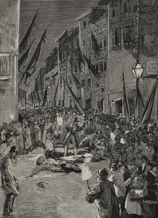 Explosion of an Orsini bomb in Via Guelfa, Florence, Italy, 1878.  Creator: Unknown.