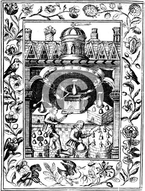 Alchemical laboratory showing various forms of furnace and vessels, 1652. Artist: Unknown