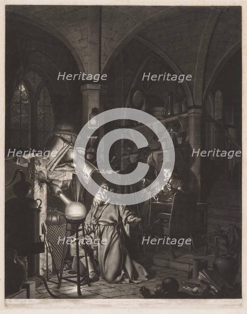 The Alchymist, in Search of the Philosopher's Stone, Discovers Phosphorus, and Prays..., 1775. Creator: William Pether (British, c. 1738-1821).