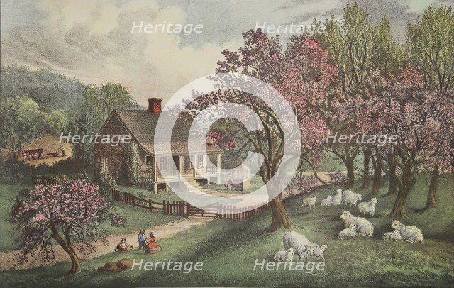 American Homestead - Spring, pub. 1869,  Currier & Ives (Colour Lithograph)