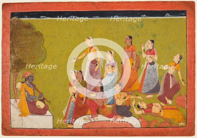 A group of women in ecstasy before before Madhava, from a Madhavanala Kamakandala series, c1700. Creator: Unknown.
