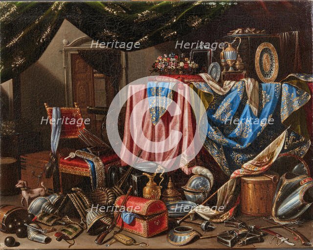 Interior with drapes, flowers, vases, armour, weapons, flags and a small dog. Creator: Manieri, Carlo (active 1662-1700).