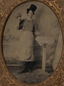 Stone Mason in Top Hat and Apron with Mallet and Chisel, 1870s-80s. Creator: Unknown.