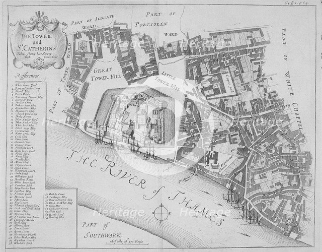 Map of the area around the Tower of London and St Katharine by the Tower, Stepney, London, 1720.     Artist: Anon
