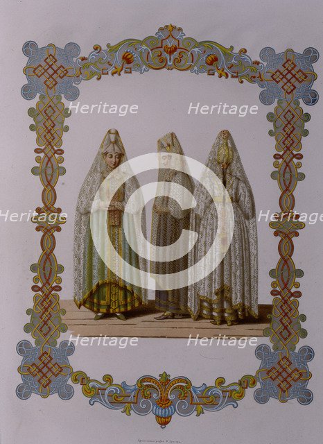 Costumes of Maidens from Torzhok (From the series Clothing of the Russian state), 1851. Artist: Solntsev, Fyodor Grigoryevich (1801-1892)