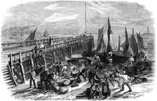 Return of the herring boats, Yarmouth, Isle of Wight, 1856.Artist: NR Woods