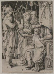 David Playing the Harp before Saul, c. 1508. Creator: Lucas van Leyden (Dutch, 1494-1533).
