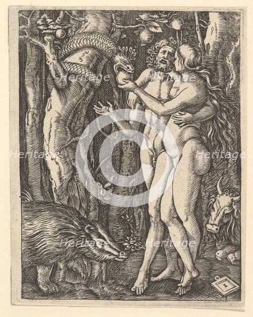 Adam and Eve with apple and serpent, ca. 1500-1534. Creator: Marcantonio Raimondi.