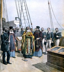 Russian Orthodox priests performing ceremony of naming the yacht of Grand Duke Alexis, 1891. Artist: Unknown