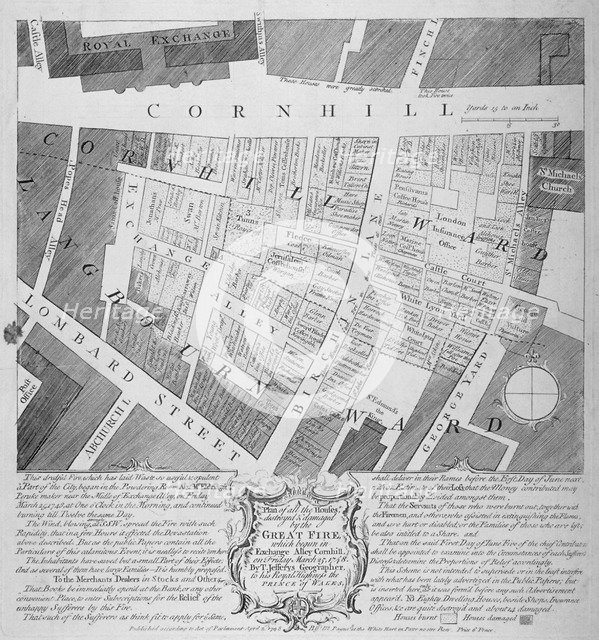 Plan of buildings destroyed in Cornhill by fire which began in Exchange Alley March 25th, 1748. Artist: Anon