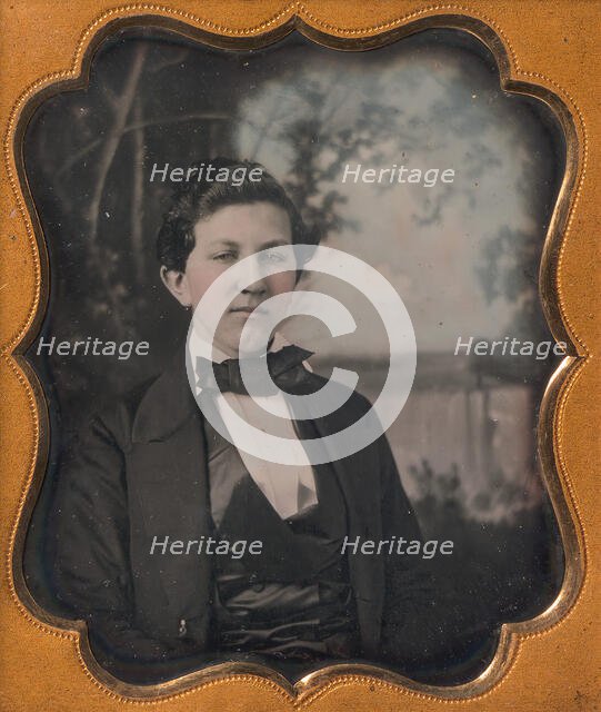 Young Man Seated in Front of Painted Outdoor Backdrop, 1850s. Creator: Unknown.