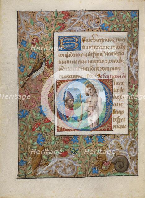 Initial O: Saint Sebastian; Book of Hours, about 1480-1490. Creator: Georges Trubert.